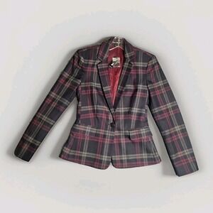 Preppy Express Plaid Blazer Jacket Y2K Women's Size 0 Navy Dark Red